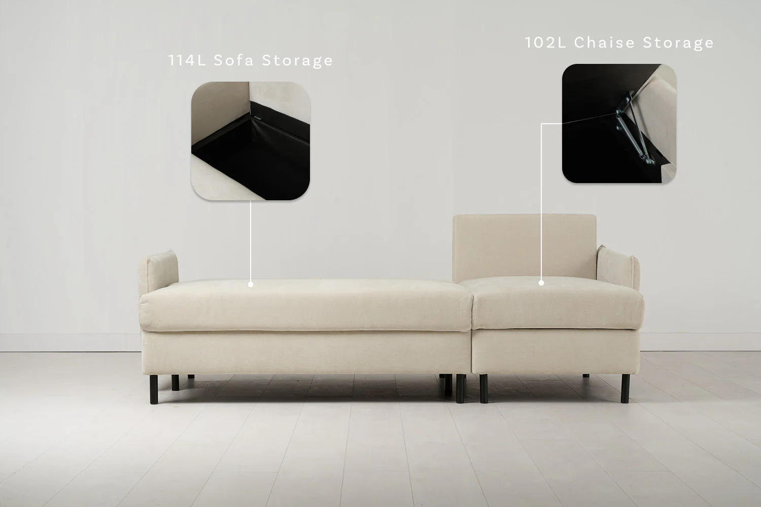 Model 12 Sofa Bed with Storage 3 Seater Right Chaise, Chalk - Image 3