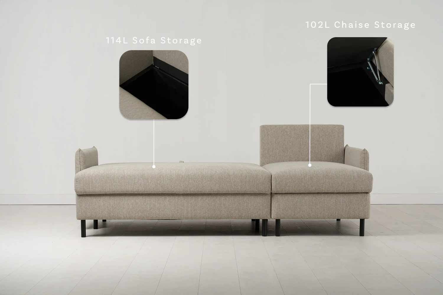 Model 12 Sofa Bed with Storage 3 Seater Right Chaise, Pumice - Image 3